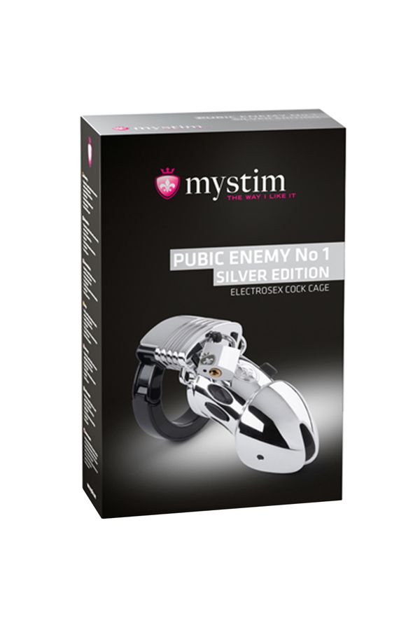  Mystim Pubic Enemy No 1, Пояс верности с электростимуляцией, серебряный, 8,2 см